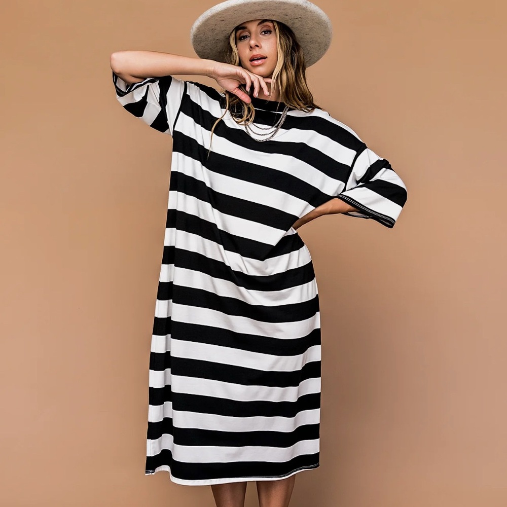 Dressed in LALA Black and White Striped Midi Dress